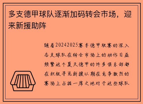 多支德甲球队逐渐加码转会市场，迎来新援助阵